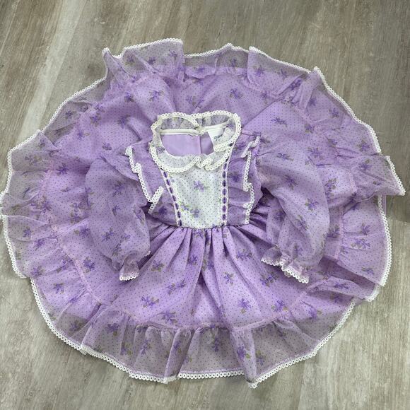 Vintage Miss Quality Lace Ruffle Girl Child Purple White Dress Full Circle 2T - Picture 1 of 9
